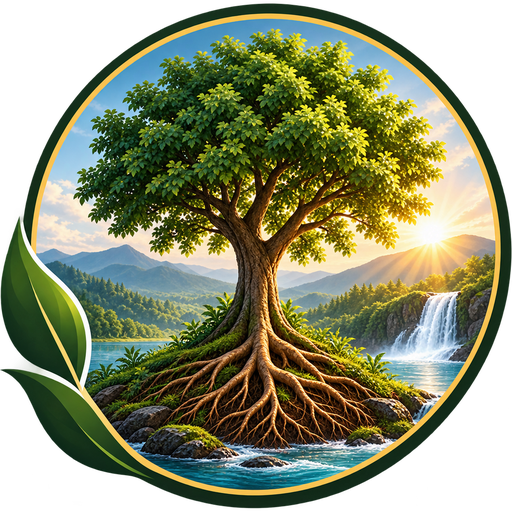 The Grow Your Soul emblem: a tree with deep roots on an island, the sun rising behind it and a waterfall beside it, inside a green and gold circle with a leaf